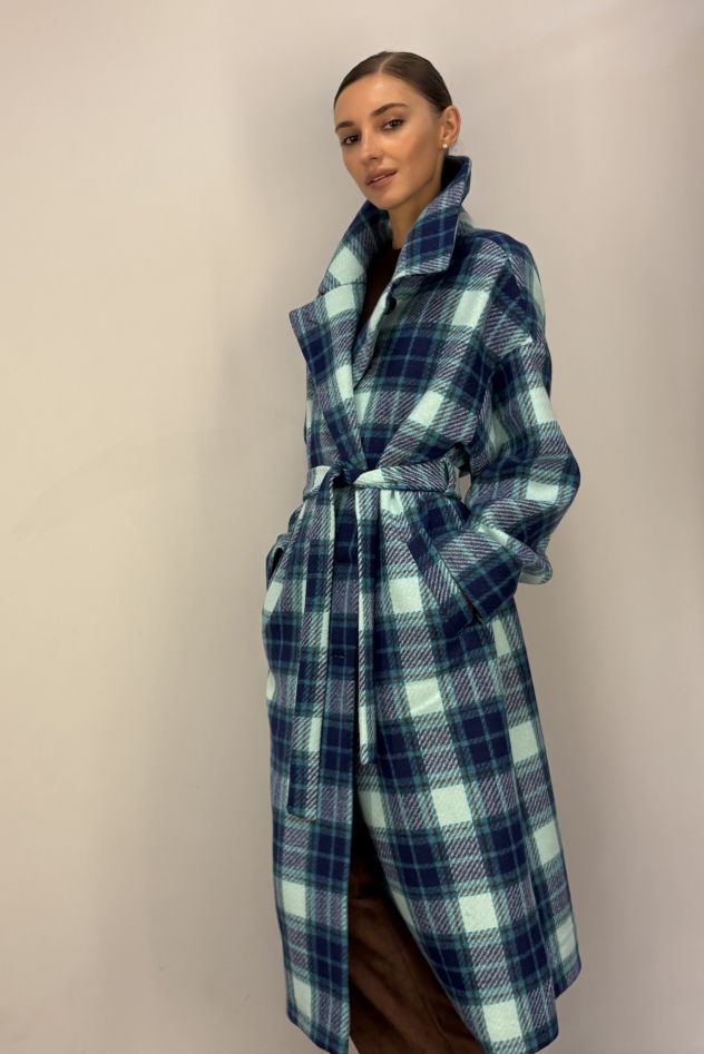 Płaszcz Wełniany Kind of Magic turkusowo-granatowa krata