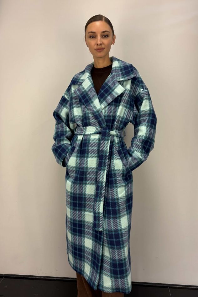 Płaszcz Wełniany Kind of Magic turkusowo-granatowa krata