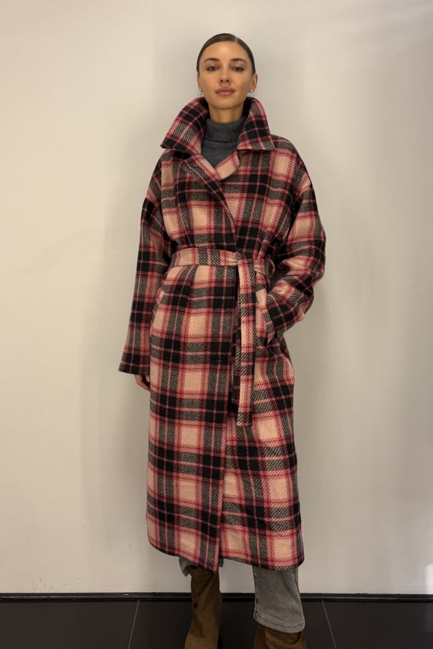 Płaszcz Wełniany Kind of Magic różowo czarno czerwona krata