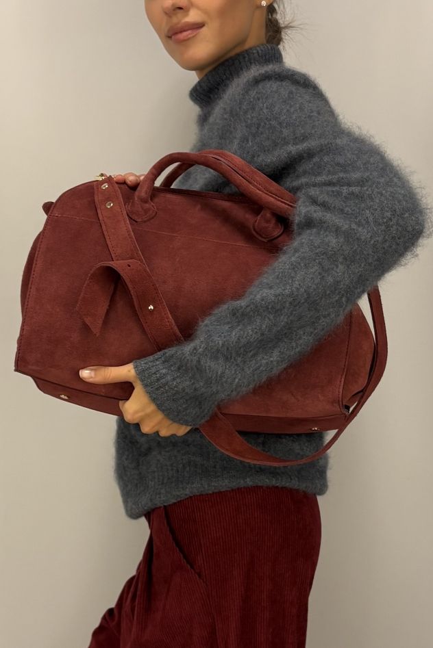 Duża Torba zamszowa bordowo burgundowa z rączkami i długim paskiem 100% skóra naturalna