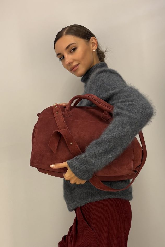 Duża Torba zamszowa bordowo burgundowa z rączkami i długim paskiem 100% skóra naturalna