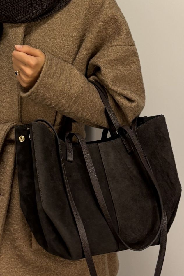 Torebka zamszowa brązowa z podwójnymi uszami 100% skóra naturalna