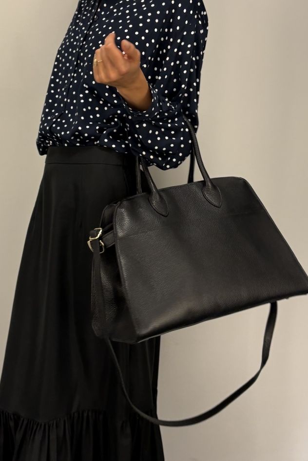 Duża Torebka skórzana czarna z podwójnymi uszami i długim paskiem 100% skóra naturalna