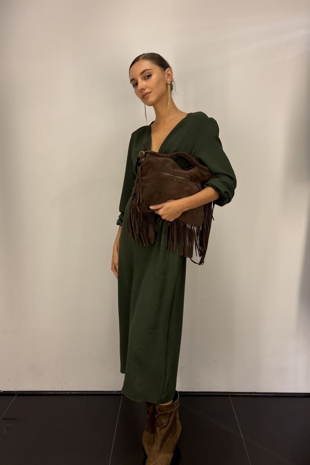 Zamszowa brązowo czekoladowa torebka z frędzlami 100% skóra naturalna