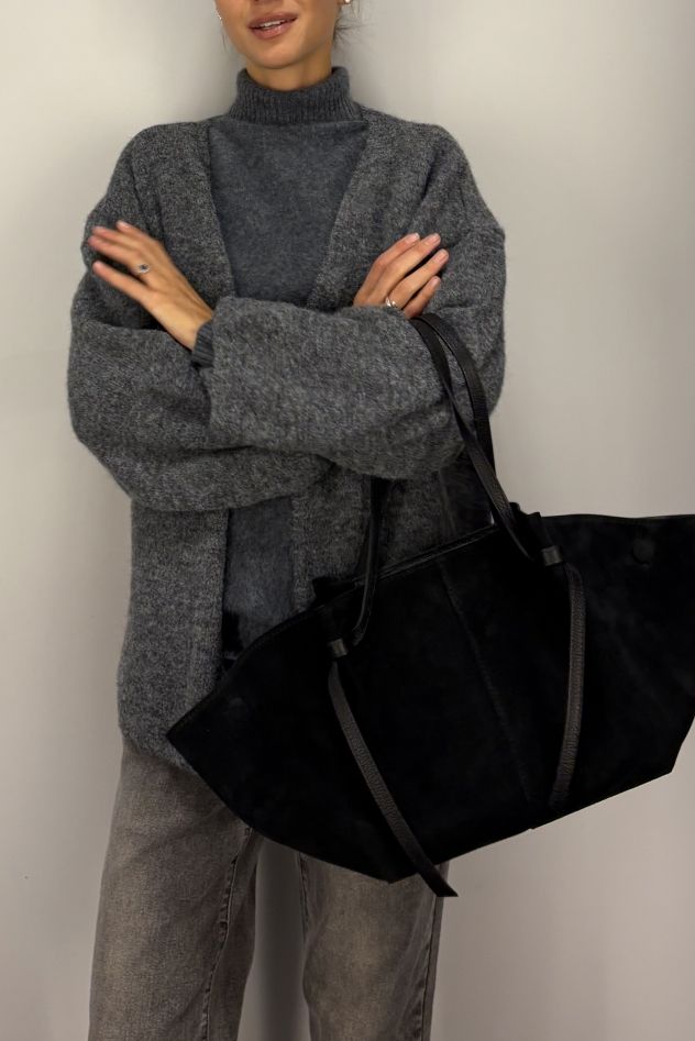 Bardzo duża torebka zamszowa czarna z podwójnymi uszami 100% skóra naturalna