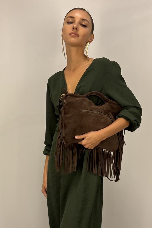 Zamszowa brązowo czekoladowa torebka z frędzlami 100% skóra naturalna
