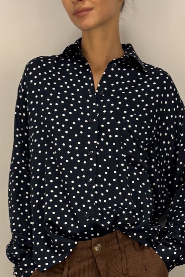 Koszula oversize My Style granatowa w białe groszki 100% wiskoza