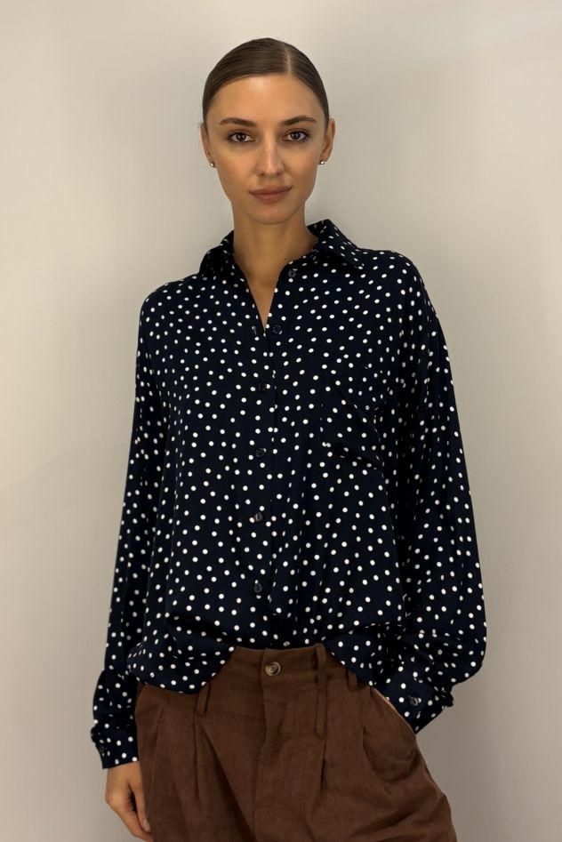 Koszula oversize My Style granatowa w białe groszki 100% wiskoza
