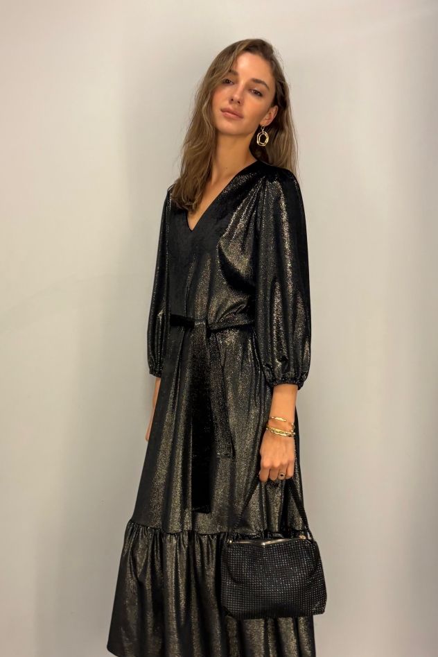 Elegancka Sukienka CLASSY miła w dotyku czarno złota błyszcząca - z paskiem o delikatnym połysku 
