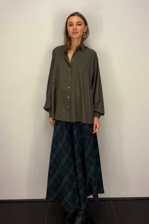 Zielono-granatowa spódnica maxi w kratę z wełną