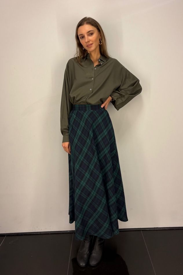 Zielono-granatowa spódnica maxi w kratę z wełną