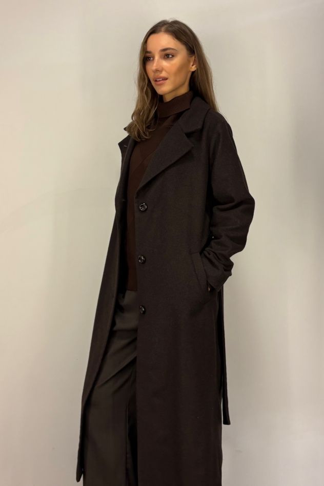 Płaszcz wełniany ciepła czekolada wąski wyszczuplający DREAM