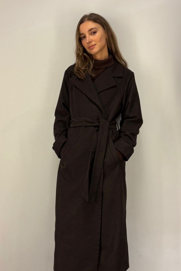 Płaszcz wełniany ciepła czekolada wąski wyszczuplający DREAM