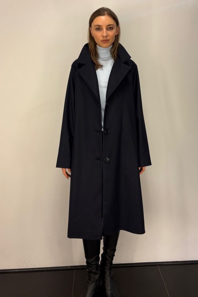 Granatowy rozszerzany trapezowy wełniany płaszcz 