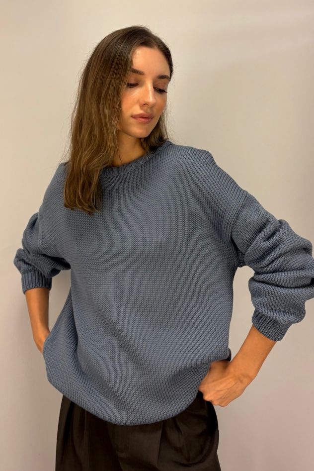 Niebiesko jeansowy 100% bawełna gruby sweter