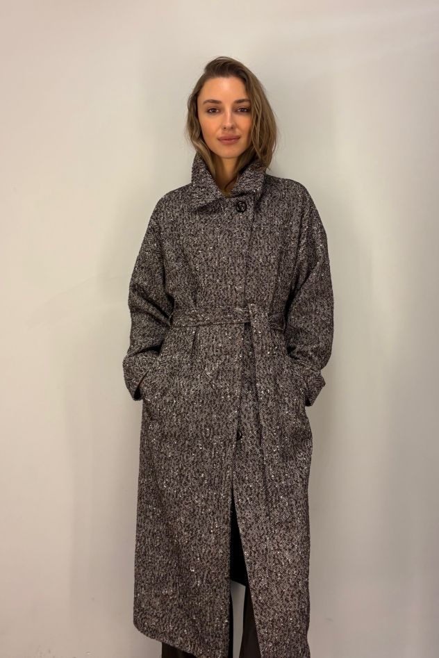 Wełniany oversize płaszcz kind of magic w jodełkę BUCLE brązowy