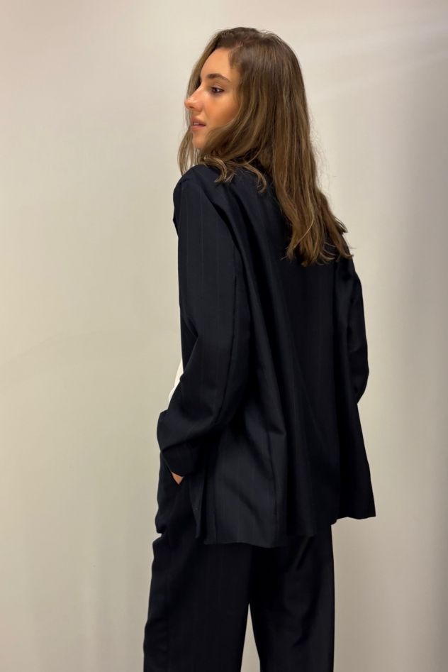 Dluga marynarka granatowa w błękitne paski bez guzików 100% wełna 