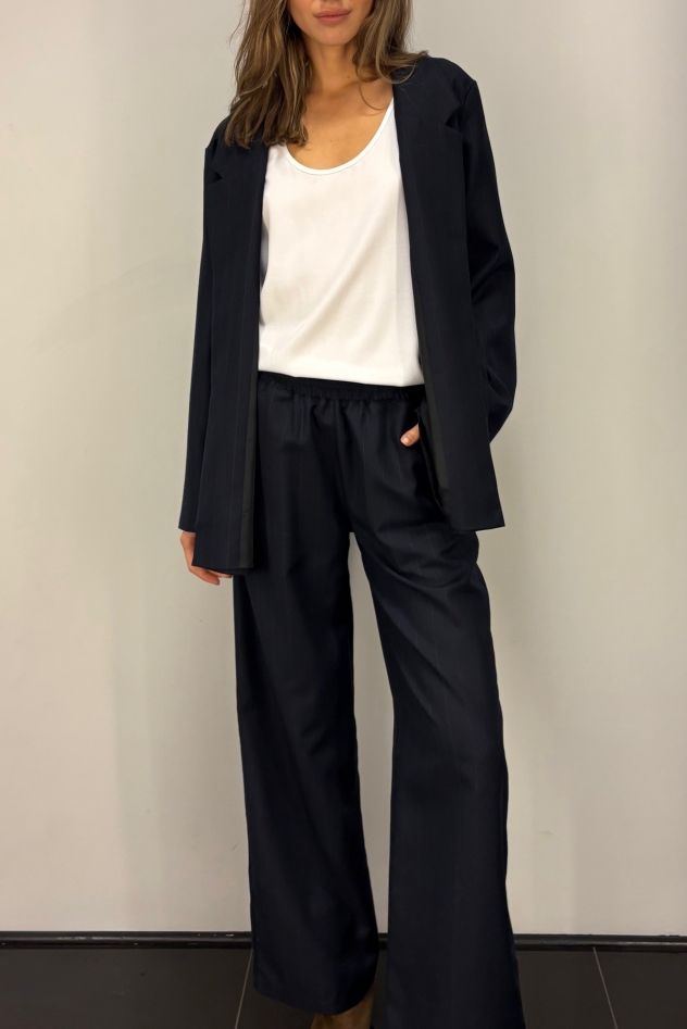 Dluga marynarka granatowa w błękitne paski bez guzików 100% wełna 