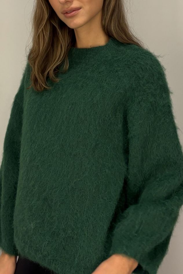 Oversize ciepły gruby sweter zielony 100% alpaka 