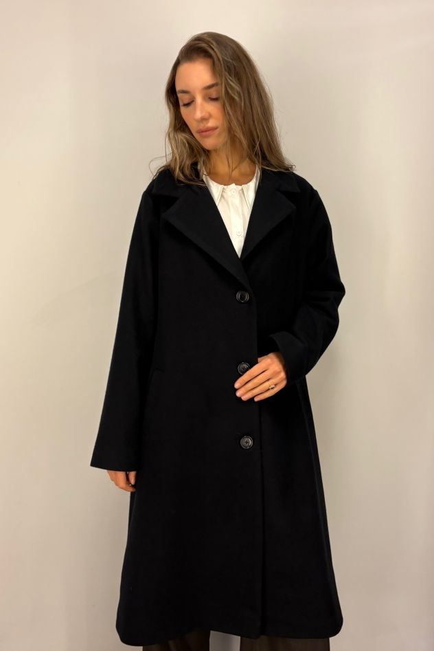 Czarny rozszerzany trapezowy wełniany płaszcz  