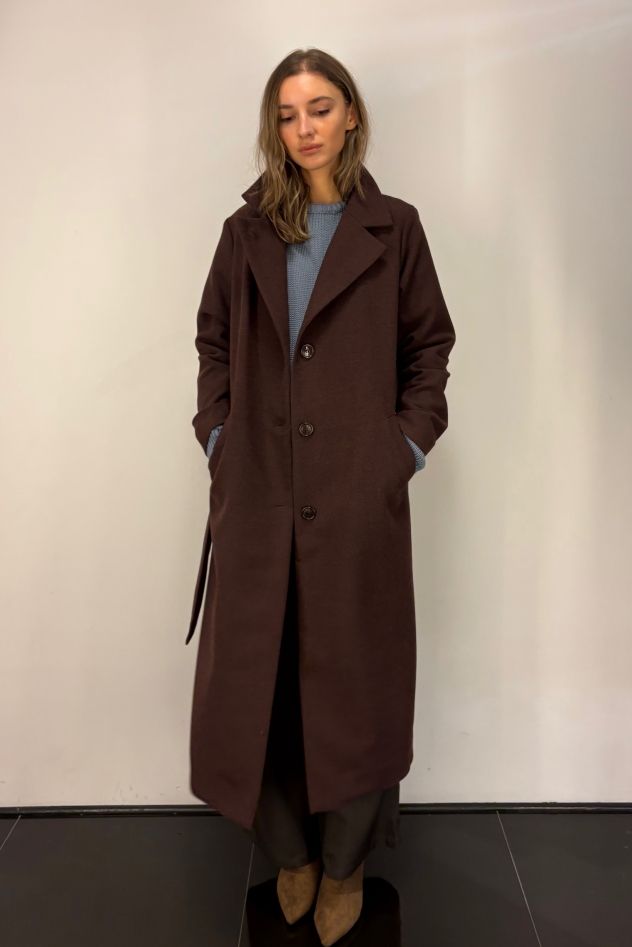 Płaszcz wełniany czekolada burgund wąski wyszczuplający DREAM 