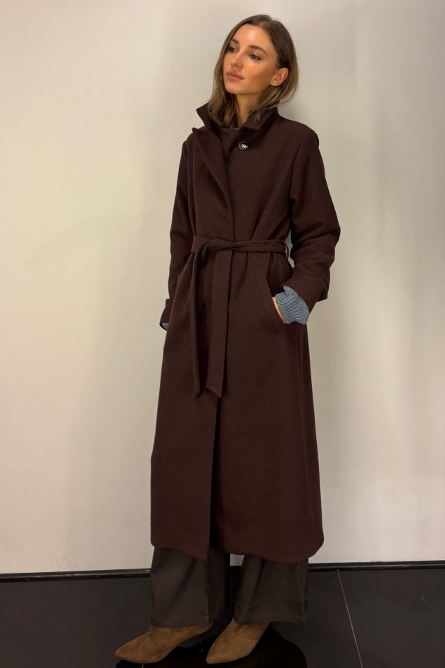 Płaszcz wełniany czekolada burgund wąski wyszczuplający DREAM 