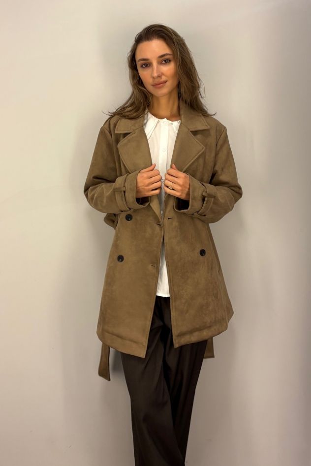 Zamszowy krótki płaszczyk kurtka szaro-khaki z paskiem WIOSNA 2026