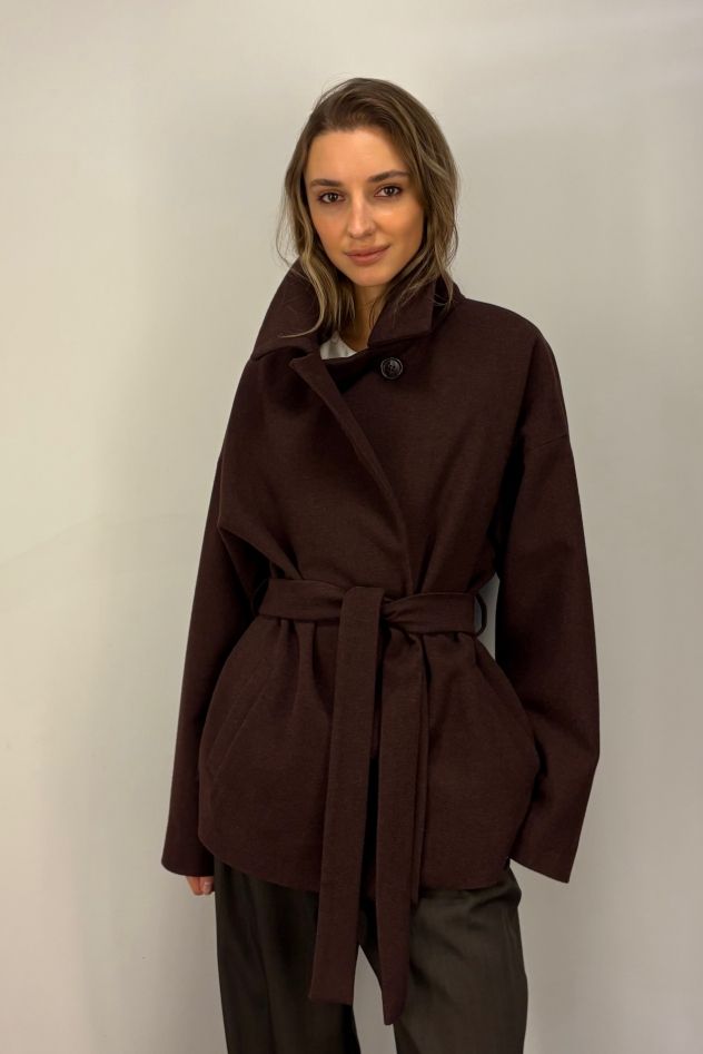 Wełniana czekoladowa kurtka krótki Płaszczyk w ciemnym burgundowym brązie 100% wełny z paskiem 