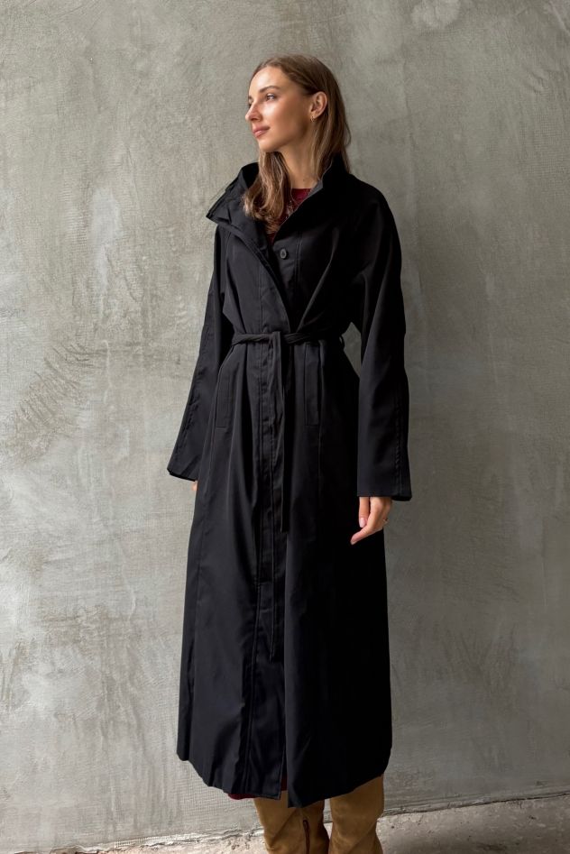 Czarny płaszcz oversize trench ze stójką bawełniany na guziki 