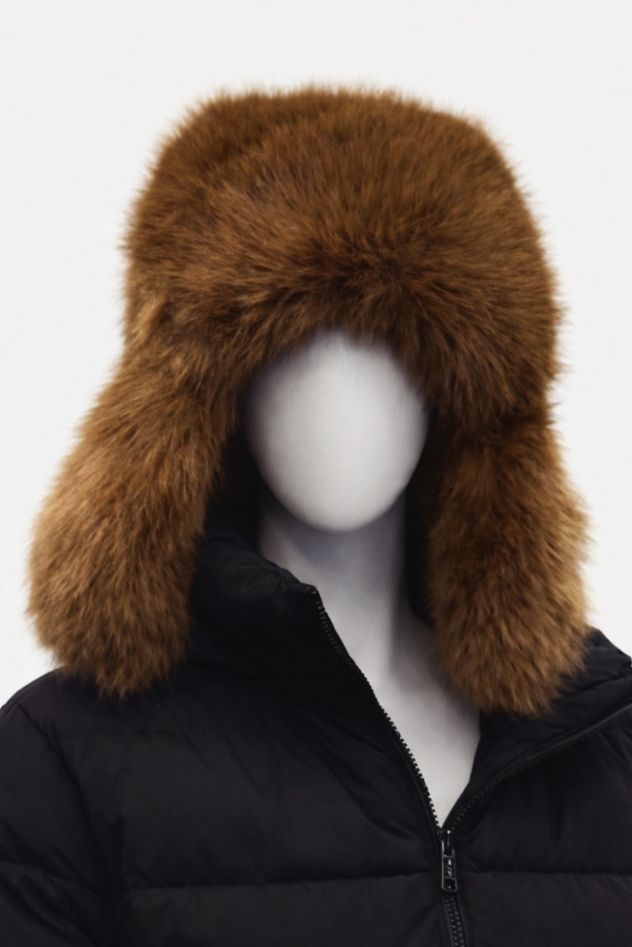 Duża czapka imitująca futro brązowa, miękka z uszami i zapięciem pod szyją 