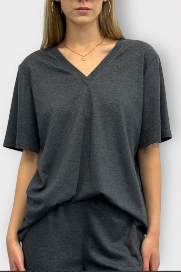 2 Bluzki w 1 - z dekoltem V lub okrągłym - zmienna - dwustronny uniwersalny t-shirt bawełniany z dekoltem V lub dekoltem okrągłym szary grafit melanż