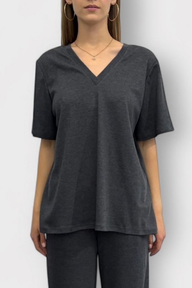 2 Bluzki w 1 - z dekoltem V lub okrągłym - zmienna - dwustronny uniwersalny t-shirt bawełniany z dekoltem V lub dekoltem okrągłym szary grafit melanż