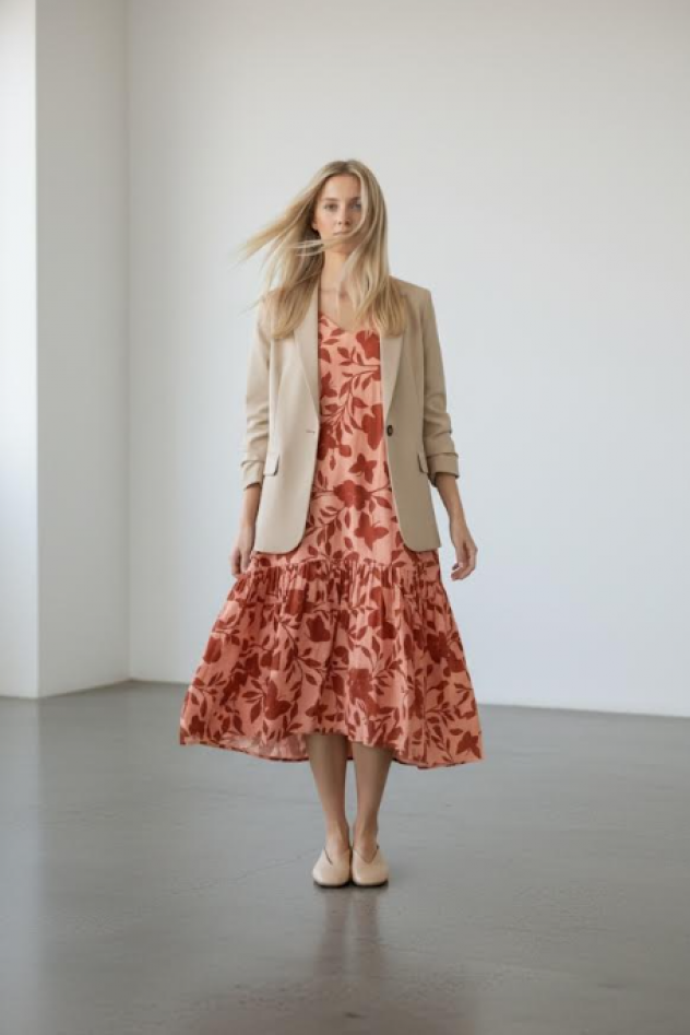 Sukienka brzoskwiniowa z czerwonym printem CELEBRATION z falbaną i paskiem ze 100% wiskozy