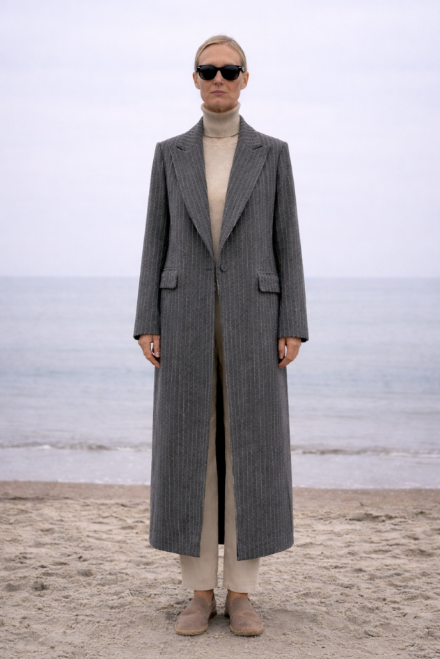 szary w paski wiosenny wełniany długi płaszcz maxi z jednym guzikiem