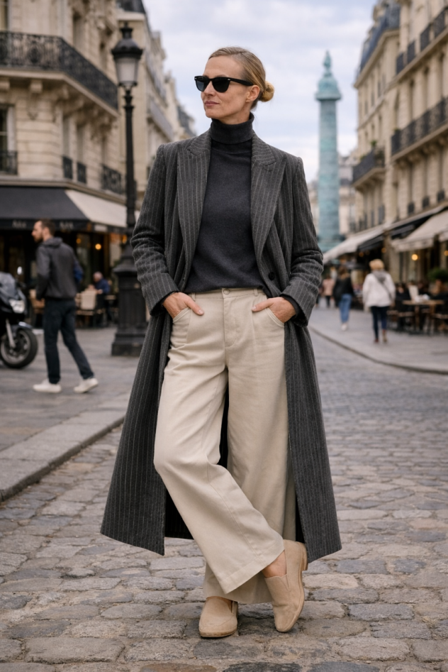 szary w paski wiosenny wełniany długi płaszcz maxi z jednym guzikiem