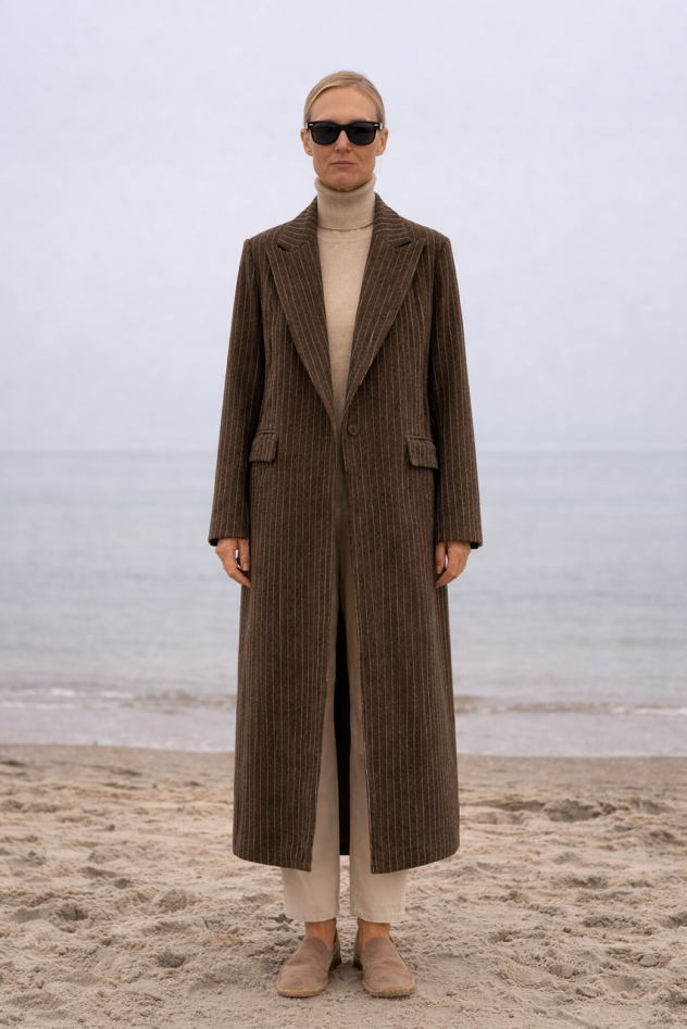 brązowy w paski wiosenny wełniany długi płaszcz maxi w paski z jednym guzikiem