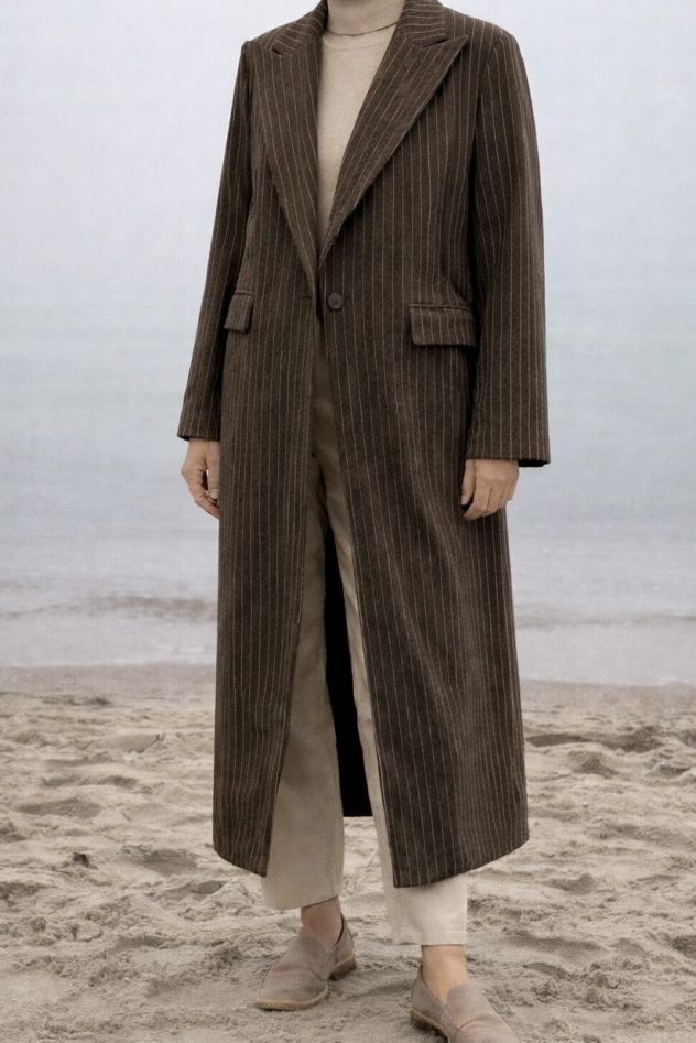 brązowy w paski wiosenny wełniany długi płaszcz maxi w paski z jednym guzikiem