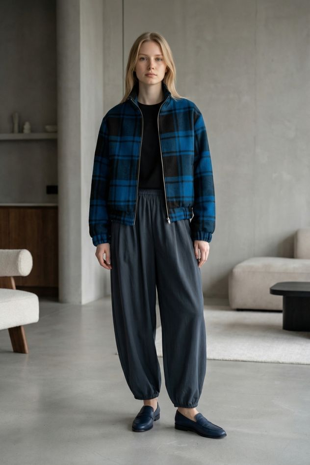 Niebieska wełniana kurtka w kratę niebiesko czarną bomberka uniseks z wiskozową podszewką z metalowym suwakiem The Night Black Wełna 100% (Kopia) (Kopia)