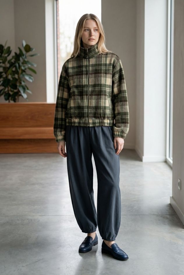 Zielona wełniana kurtka w kratę zielono beżowo czarną bomberka uniseks z wiskozową podszewką z metalowym suwakiem The Night Black Wełna 100% (Kopia)