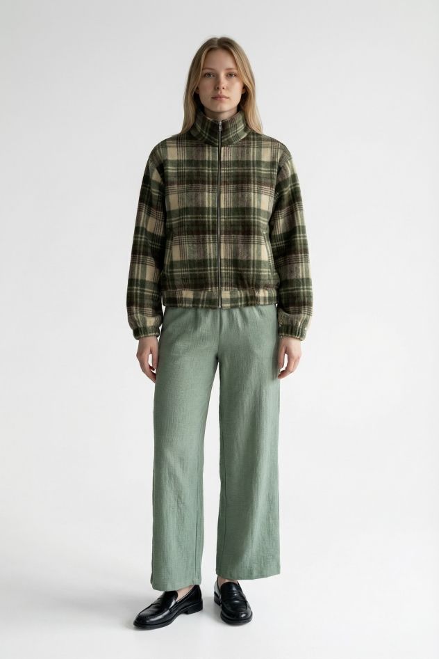 Zielona wełniana kurtka w kratę zielono beżowo czarną bomberka uniseks z wiskozową podszewką z metalowym suwakiem The Night Black Wełna 100% (Kopia)