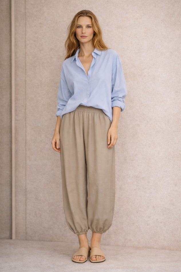 Beżowe spodnie palazzo tencel długość 7/8 