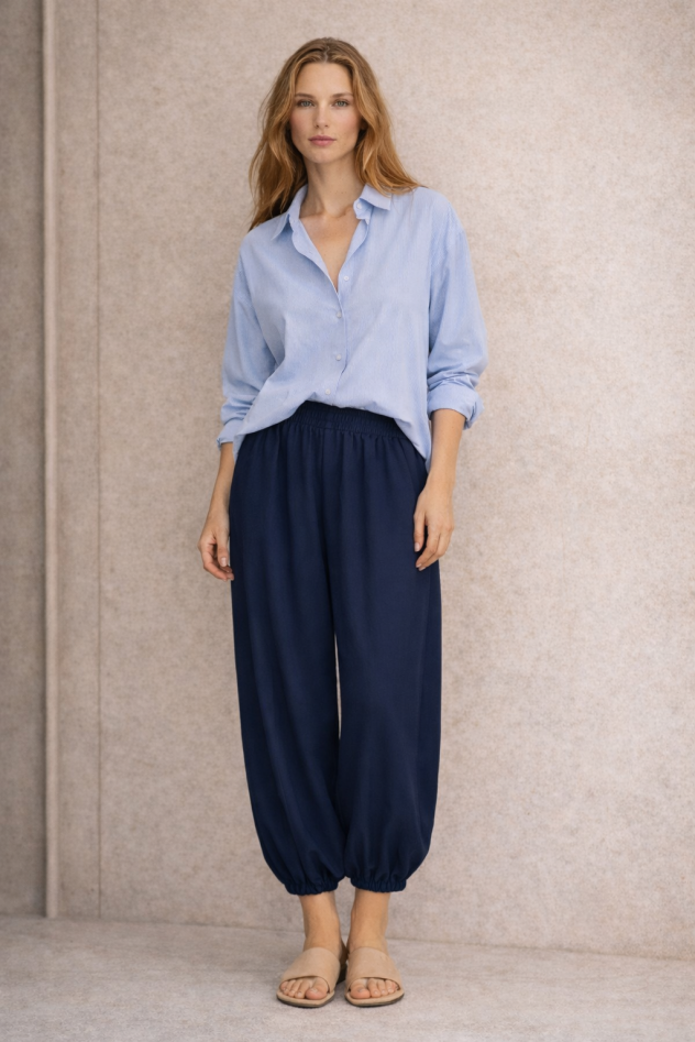 Granatowe spodnie palazzo tencel długość 7/8 