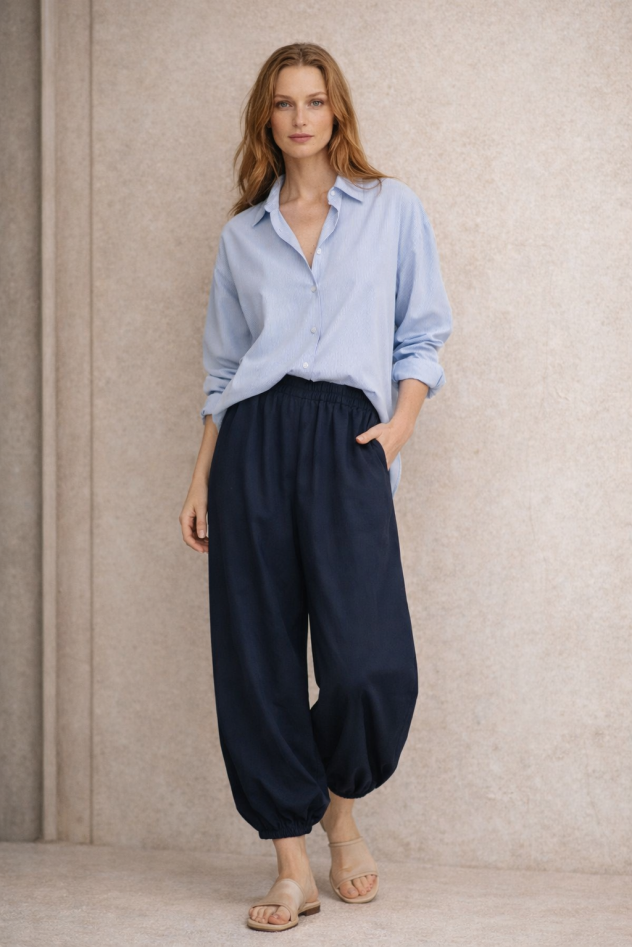 Granatowe spodnie palazzo tencel długość 7/8 