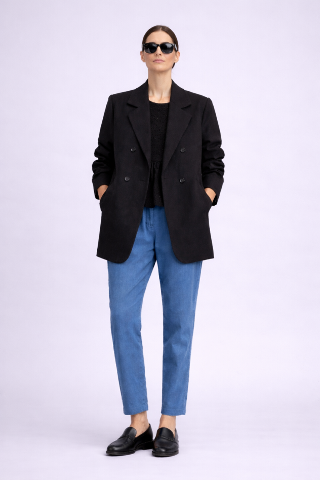 Czarna marynarka narzutka z białą podszewką w paski 100% bawełna