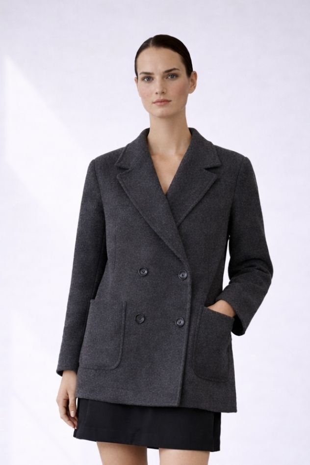 Wełniana oversize kurtka krótki płaszcz ciemny szary 100% wełna 