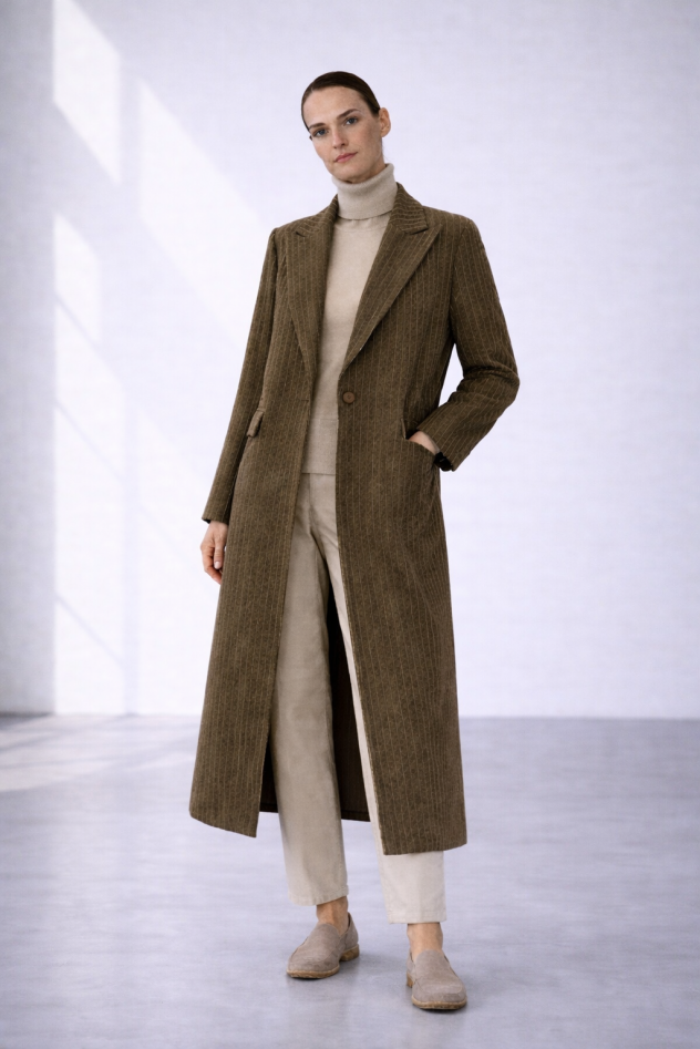 brązowy w paski wiosenny wełniany długi płaszcz maxi w paski z jednym guzikiem