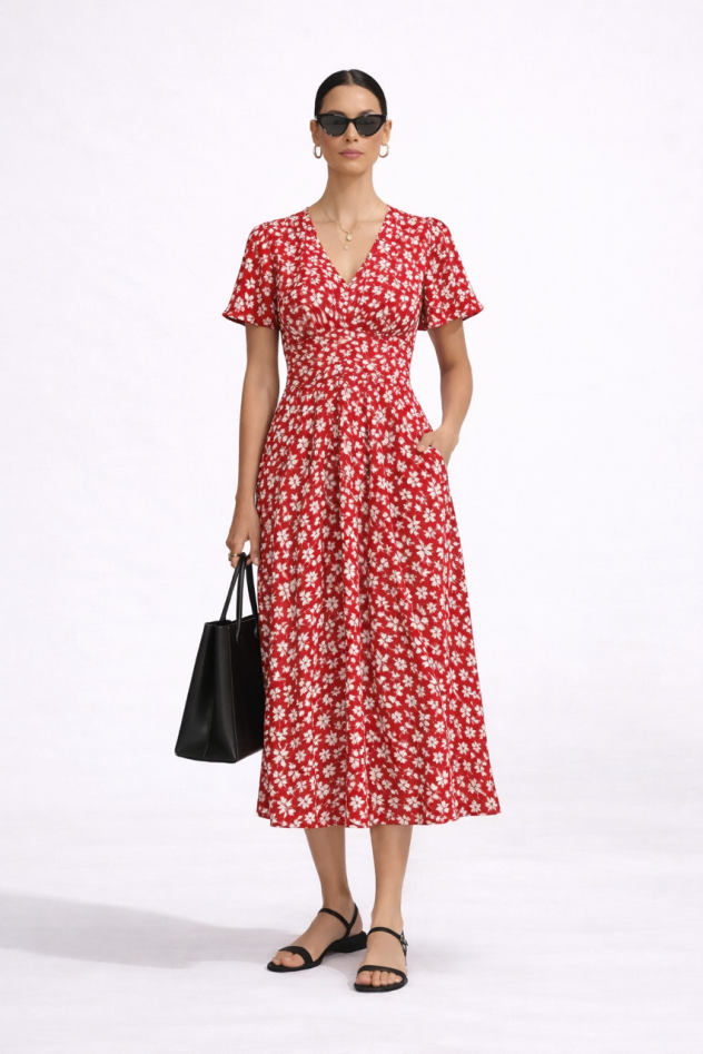 Czerwona Wiskozowa sukienka z rozszerzanym rękawkiem krótkim i ściągaczem pod biustem