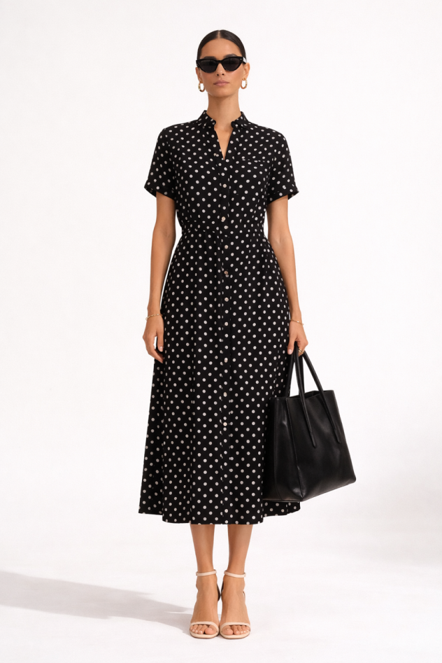 czarna sukienka Wiskozowa w białe Groszki