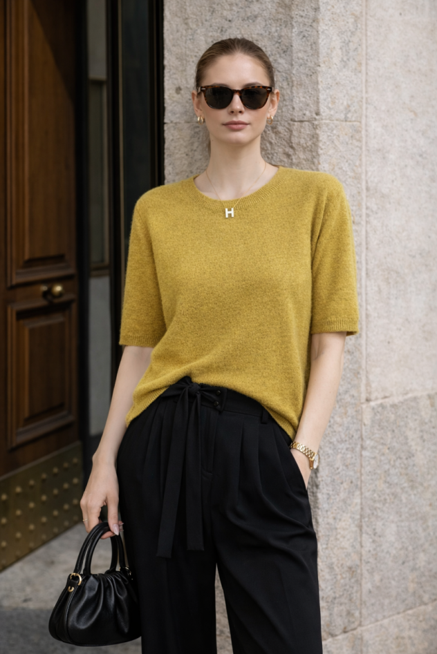 Wiskozowy sweter żółto musztardowy na krótki rękaw 