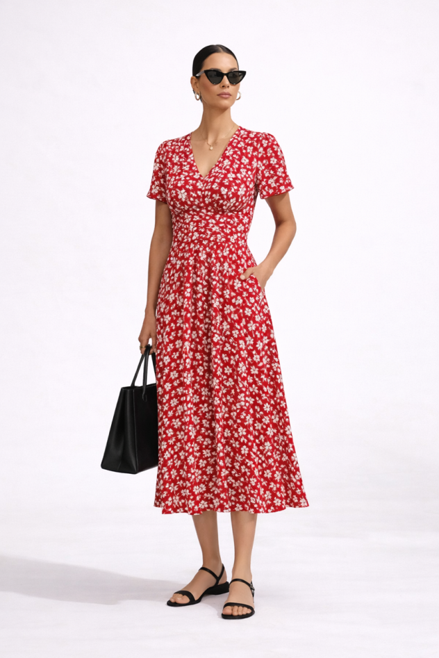 Czerwona Wiskozowa sukienka z rozszerzanym rękawkiem krótkim i ściągaczem pod biustem